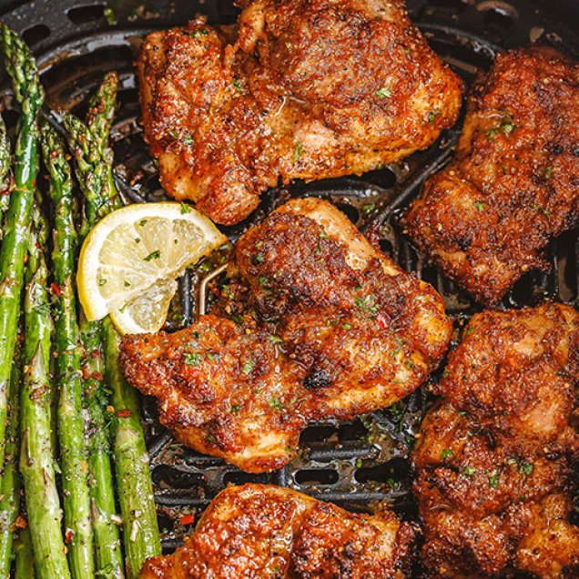 This air fryer Fried chicken recipe with asparagus is a delicious family-friendly dinner in under 30 minutes.